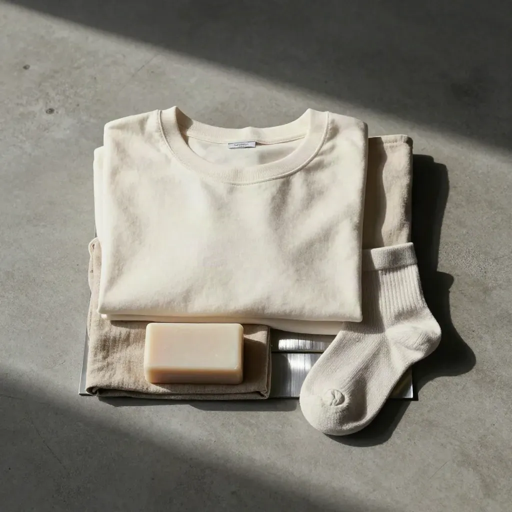Overhead flatlay of folded tees, soap bar, linen square and socks on cool concrete.