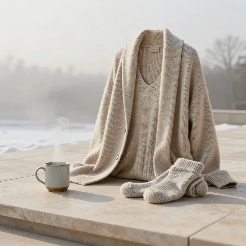 Oatmeal knit cardigan set with mug and throw on pale limestone at winter dawn
