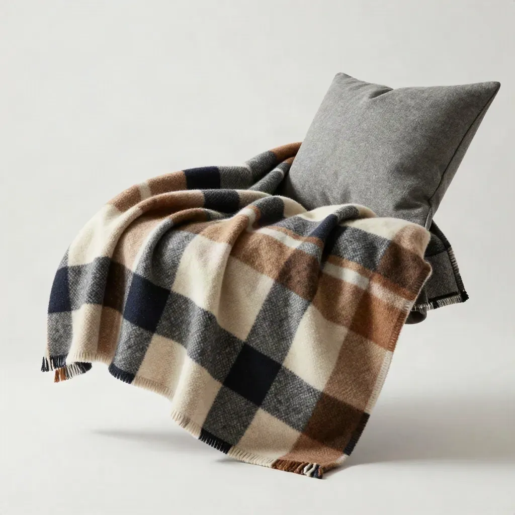 Folded plaid throw blanket with lifted corner and wool pillow in soft studio light.