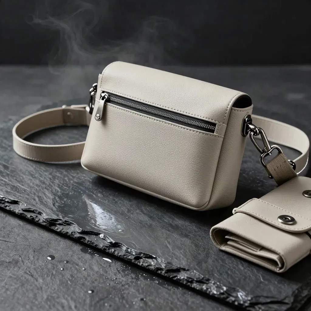 Crossbody phone bag on wet slate with strap, pouch, cuff, and mist