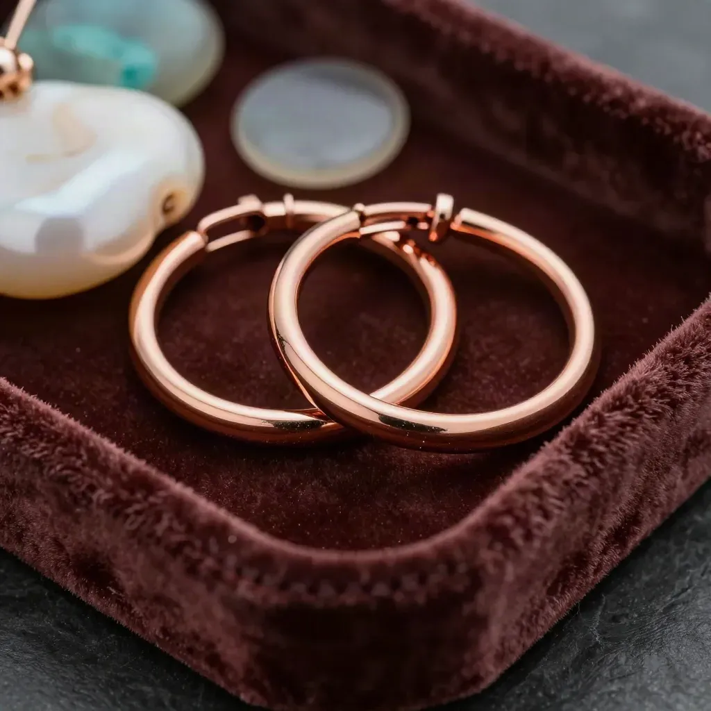 Rose gold hoop earrings in a velvet tray with a pearl pouch and pale stone chip