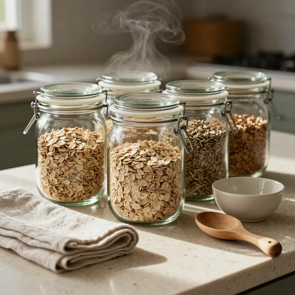 Open glass jar set with dry goods, linen towel, wooden scoop and ceramic bowl on travertine.