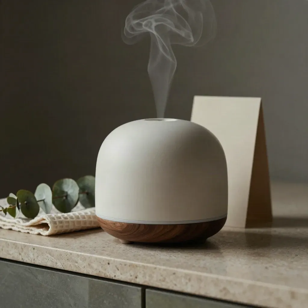 Ceramic oil diffuser steaming on limestone with eucalyptus and a folded cloth.