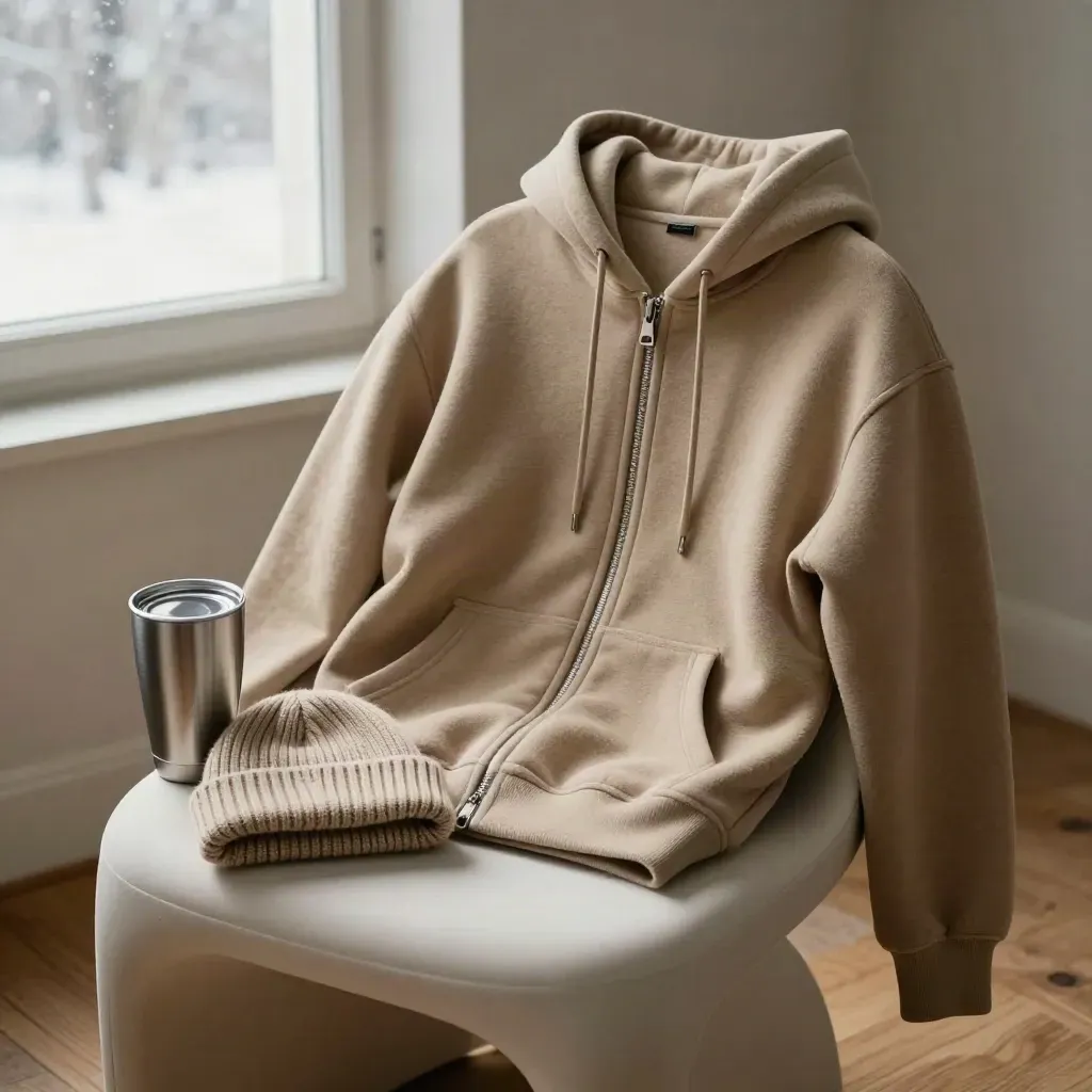 Fleece hoodie draped on a sculptural chair with beanie and metal tumbler by an open window