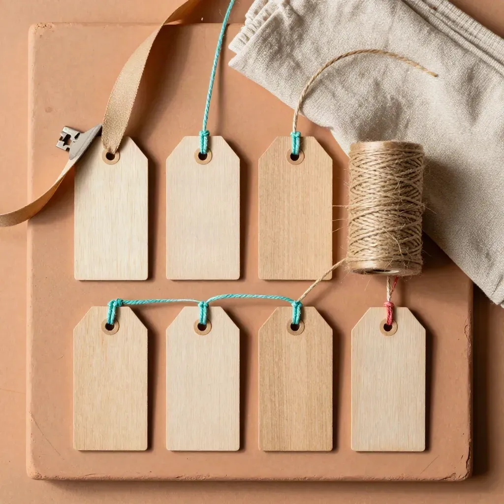 Overhead flatlay of blank wooden gift tags with twine, ribbon, and folded cloth on terracotta slab.