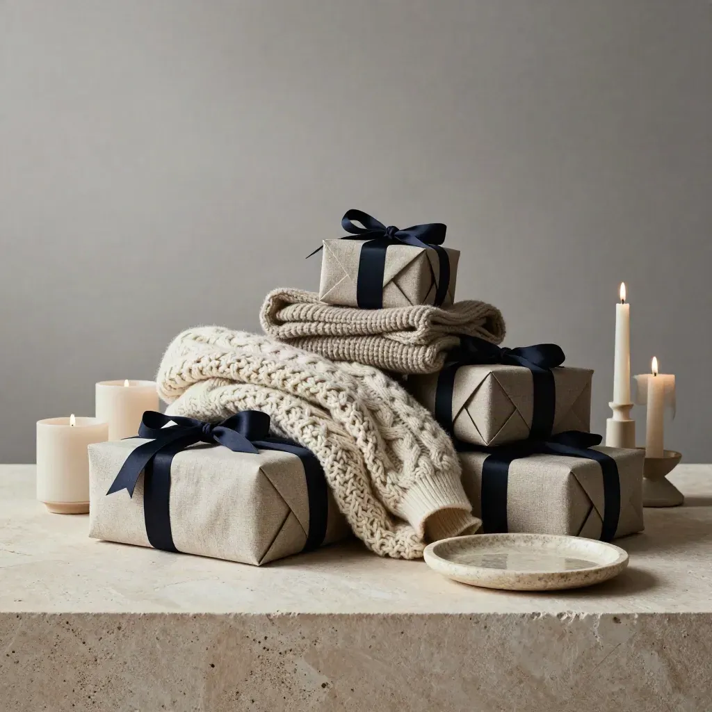 Stacked winter home edit with knit layers, candles, parcels and stone accents.