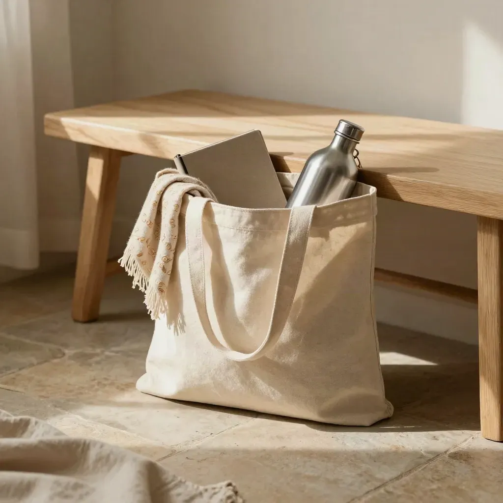 Canvas tote with scarf, notebook, and metal bottle on a sunlit entry bench.