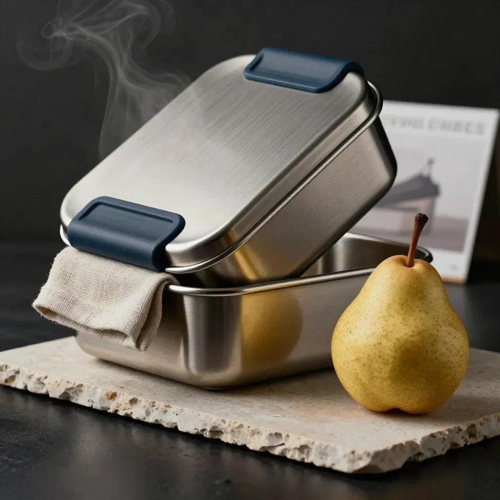 Half-open stainless lunch box with pear and linen on stone, lit in a dark studio.