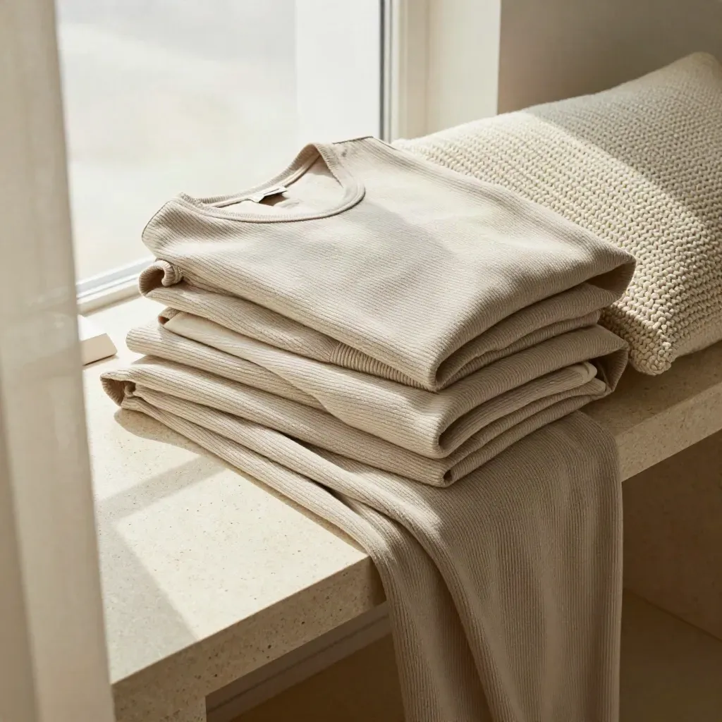 Folded oat ribbed lounge set with cream throw and knit cushion on travertine, softly lit.