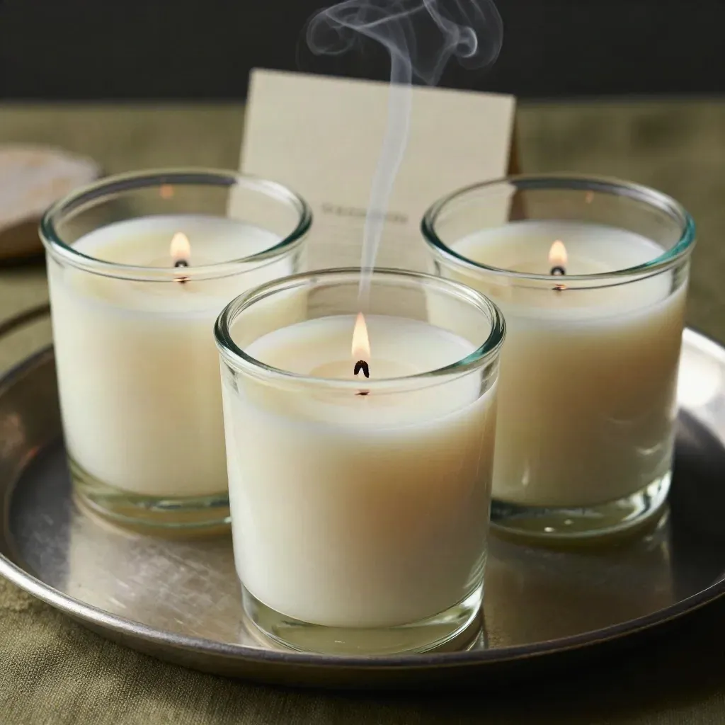 Macro of three clear glass candles, one lit with smoke curling upward.
