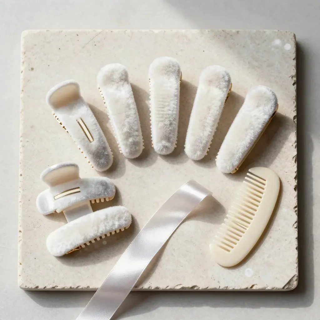 Overhead flatlay of six velvet hair clips, silk ribbon and comb on pale stone.