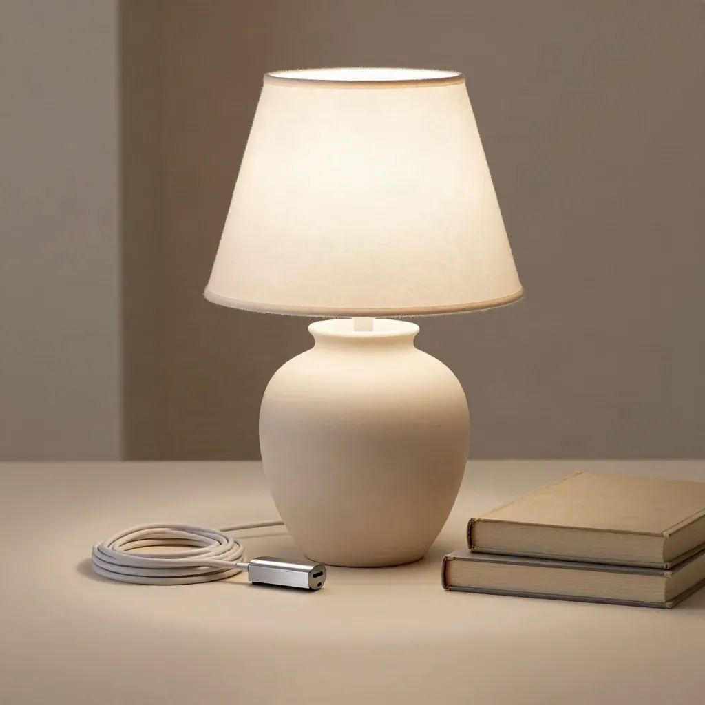 Matte ceramic USB table lamp glowing beside closed neutral books on a pale plaster surface.