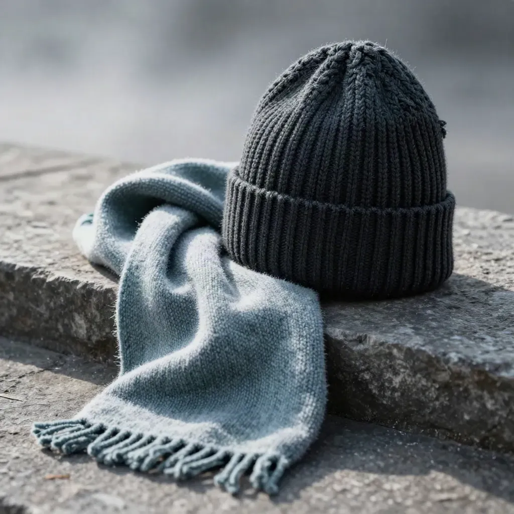 Charcoal knit beanie and wool scarf on a stone ledge in cold side light.