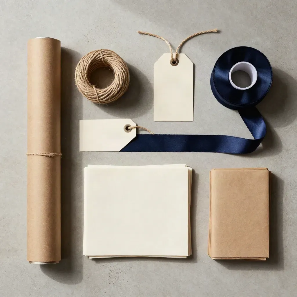 Overhead flatlay of kraft gift wrap rolls, twine, tags, ribbon and tissue on pale concrete.