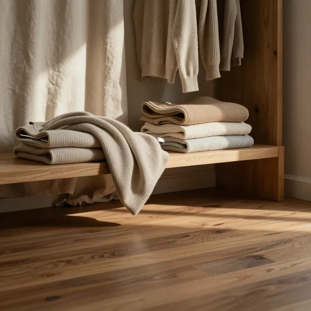 Folded neutral knits on a sunlit bench in a calm apparel nook, with open copy space below.