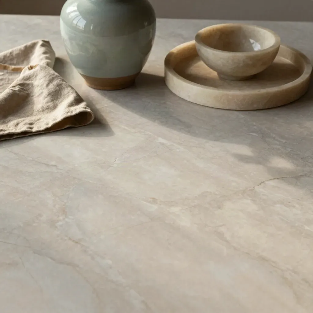 Marble home-goods still life with ceramic vessel and folded linen in soft upper light.